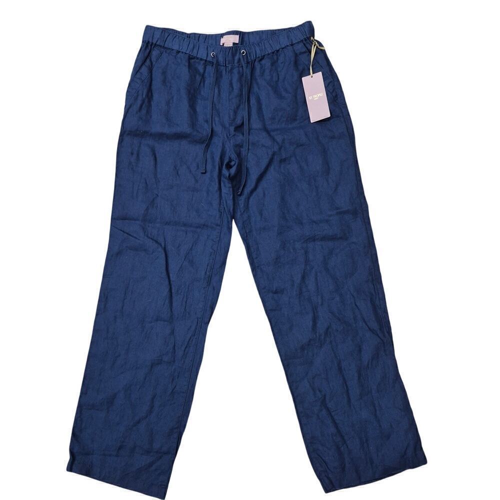 NWT St. Tropez West 100% Linen Drawstring Pants Blue Sz M
